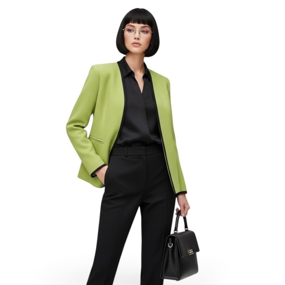 Vintage 90's Kasper Petite Blazer chartreuse Green Black Trim Colorblock Zip 4P